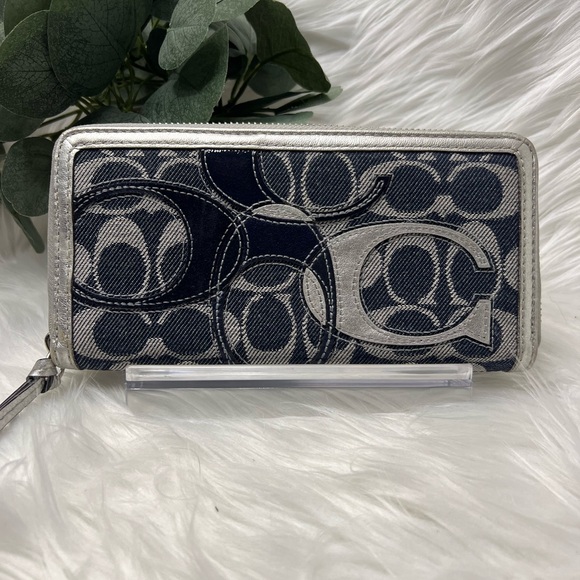 Coach Denim Metallic Silver and Navy Wallet - Picture 1 of 9